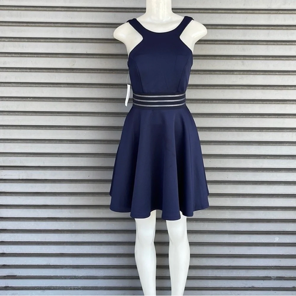 City Studio Navy Fit-and-Flare Mini Dress with Striped Waist Size 3 - Picture 4 of 11